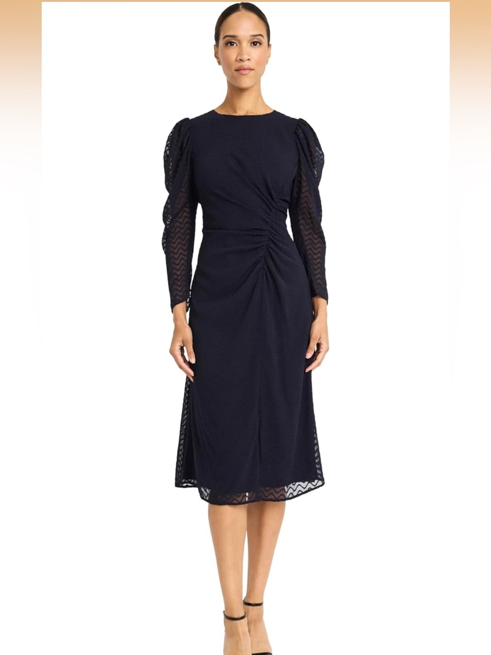Maggy London Navy Ruched Midi Dress with Sheer Long Sleeves